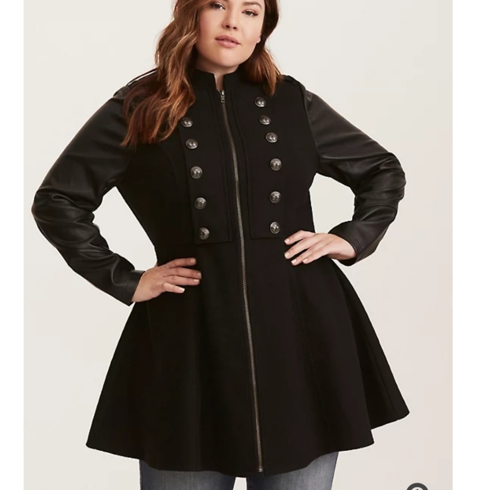 Black Military-Style Coat with Faux Leather Sleeves
